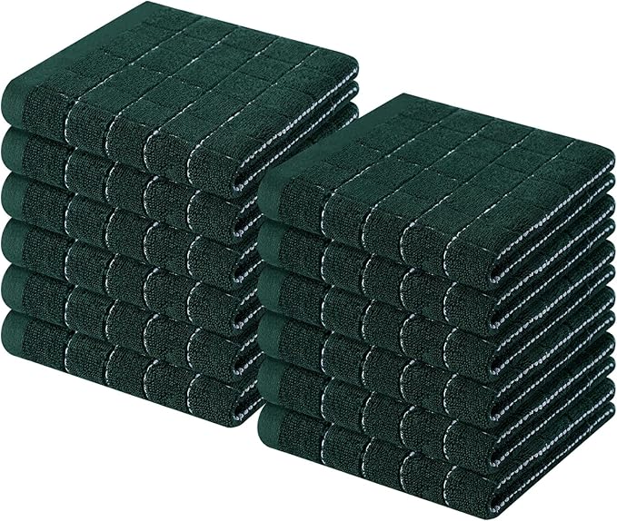 Homaxy 100% Cotton Terry Kitchen Dish Cloths, 12 Pack, Blackish Green | Ultra Soft and Absorbent, Suitable for Drying and Washing Dishes