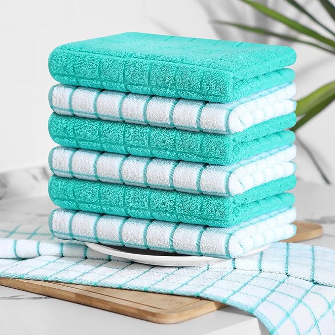 Homaxy Large Premium Cotton Kitchen Towels 16"x 28", 6 Pack, Aqua | Natural Ring Spun 390 GSM Dish Towels, Super Absorbent Terry Kitchen Hand Towels, Soft Tea Towels with Hanging Loop