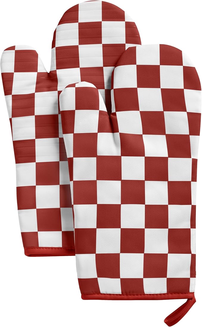 Ohocut Red Checkered Oven Mitts Heat Resistant, Vintage Retro Checkerboard Cute Oven Mitts, Non-Slip Silicone Kitchen Oven Gloves, 2-Pack Set, 7''x13''