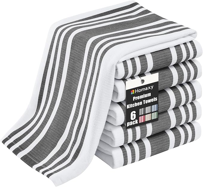 Homaxy Premium Cotton Stripe Kitchen Towels 6 Pack, 18"x 28", Black | Large 380 GSM Kitchen Hand Towels, Soft Terry Dish Towels, Highly Absorbent Tea Towel Set with Hanging Loop
