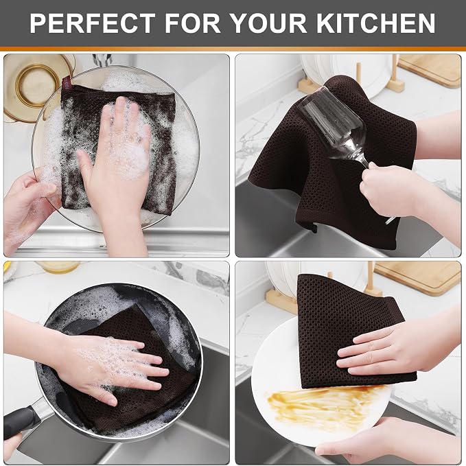 Kitinjoy 100% Cotton Waffle 6-Pack Kitchen Towels, 12" x 12", Dark Brown | Ultra Absorbent, Super Soft, lightweight, Quick Drying Dish Rags for Washing Dishes
