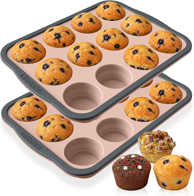 2 Pack Silicone Muffin Pan for Baking with Metal Reinforced Frame, Foldable 12 Cup Regular Size Nonstick Cupcake Pan, Muffin Tray for Baking, Dishwasher Safe Egg Bite Molds for Oven，Pink
