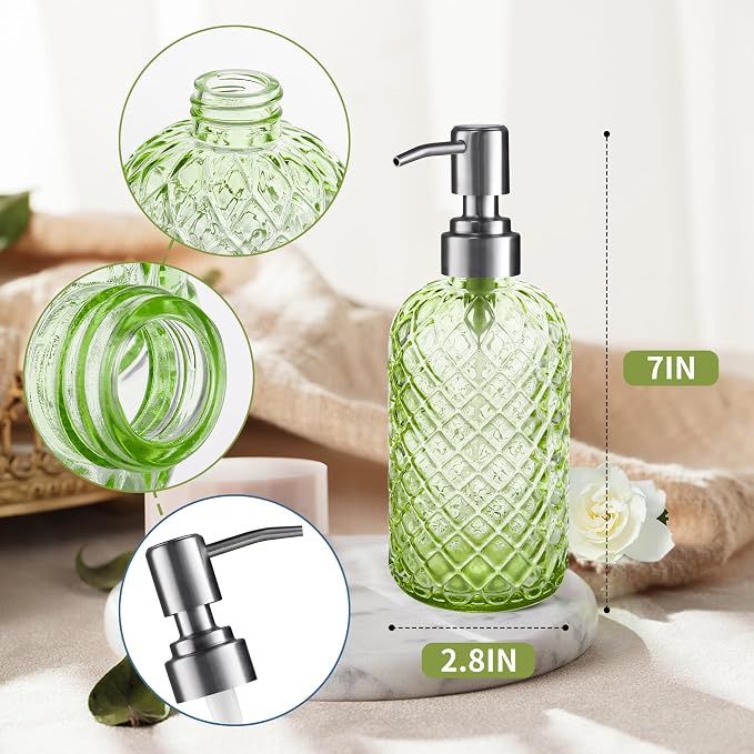 Kaishun Refillable Glass Soap Dispenser (2PC) for Hand Soap & Lotion, Green