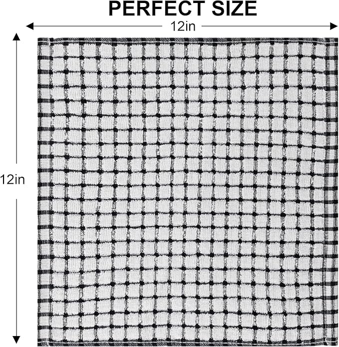 Kitinjoy Cotton 12 Pack Terry Kitchen Dish Cloths, Black | 12 x 12 Inches Super Soft and Absorbent Dish Rags, Quick Drying Dish towels for Washing Dishes