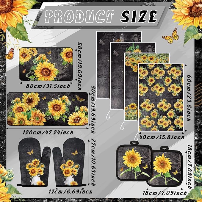 Fourluoo 10 Pcs Vintage Sunflower Kitchen Dish Towels Rugs Oven Mitts and Pot Holders Set Farmhouse Kitchen Decor Set for Women Mom Daughter Gift Cooking Baking Grilling(Vintage Gray)