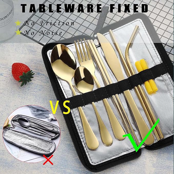 VANDBAO Camping Utensils Set, Portable Travel Utensils with Case for Fixing Tableware, Reusable Stainless Steel Stable Cutlery Set, Lunch Picnic Flatware Silverware (Gold Set)