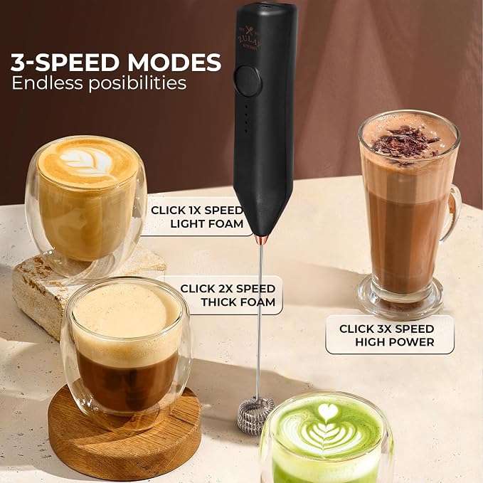 Zulay Kitchen Rechargeable Milk Frother Handheld - Frother Wand, Drink Mixer, Electric Whisk Frother, for Cappuccinos, Matcha & Protein Powder - Dynamic 3 Whisk, 3 Speed 500mAh Black Copper