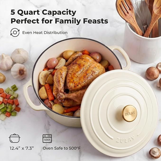 Zulay Kitchen 5 Quart Enameled Cast Iron Dutch Oven Pot with Lid – Premium Durability & Oven Safe up to 500°F – Heavy Duty Cookware Perfect for Bread Baking, Stews, Braising & Roasting – Ivory