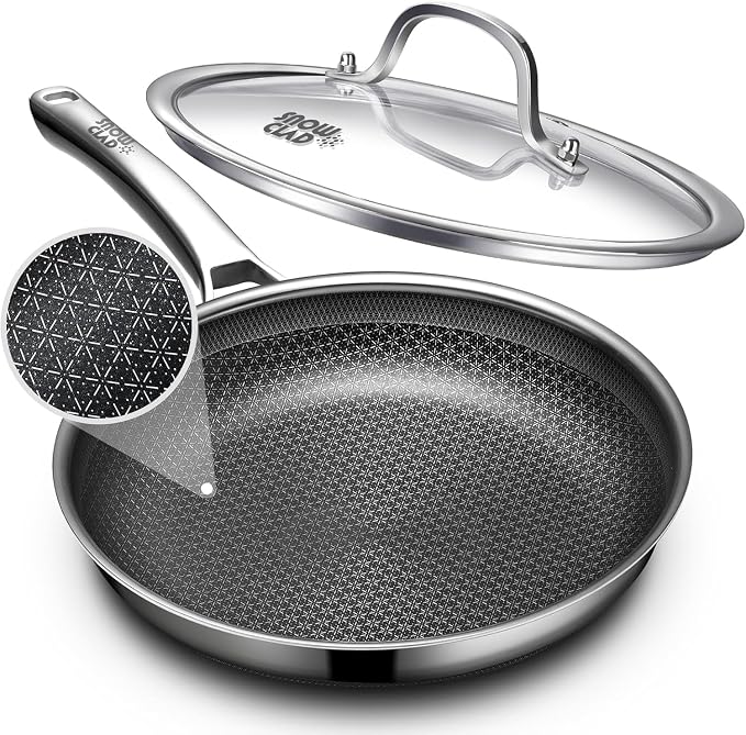 OATOFP Non Stick Frying Pans 12 inch, Hybrid Improved Version Frying Pan Nonstick with Lid, Stainless Steel Skillet, Dishwasher and Oven-Safe Chef & Quiche Pans, PFOA Free Cookware