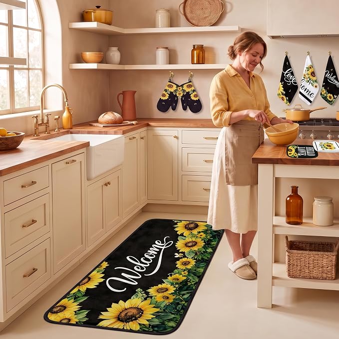 Tieshankao 10Pcs Sunflower Kitchen Decor Kitchen Accessories Set | Summer Yellow Towels Oven Mitts Pot Holders Rugs and Mats for Baking Housewarming Cooking Gifts