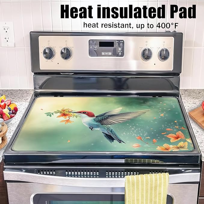 Cute Hummingbird Glass Top Stove Cover Protector,Spring Flower Stove Top Covers for Electric Stove,Washable Heat Resistant Cooktop Mat Anti-Slip Range Covers, 28 x 20 Inch