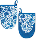 Ribbed Mini Oven Mitts 2-Pack Set, 5.5"x8.5", Blue and White Flower Printed, Heavy Duty Cotton, Non-Slip Heat Resistant Soft Silicone Oven Mitts with Hanging Loop for Cooking Kitchen Decor