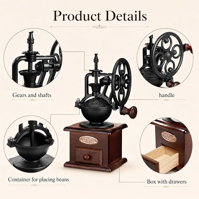 Vintage Manual Coffee Grinder with Cast Iron Ferris Wheel Hand Crank, Wooden Coffee Mill with Ceramic Burr, Adjustable Grind Size for Espresso, French Press, Pour Over, Home Barista Coffee Gift