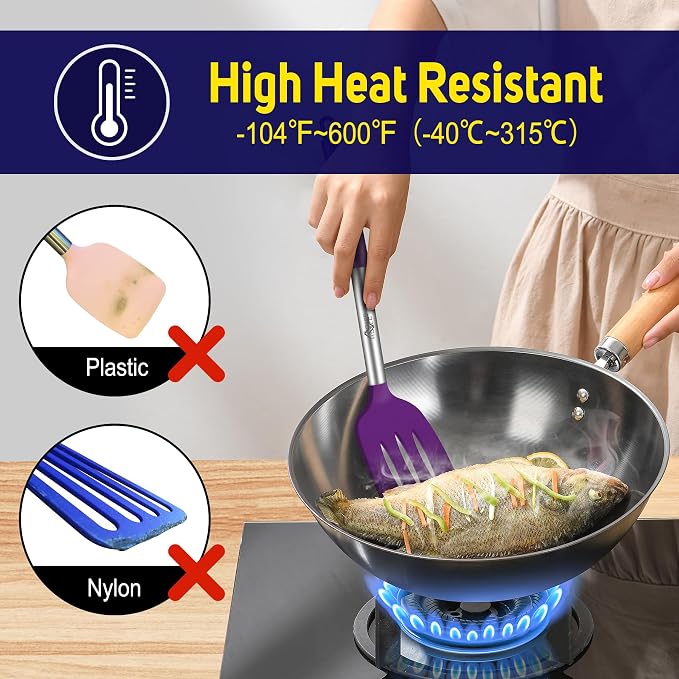 HOTEC Silicone Spatula Set of 2 Heat-Resistant 600°F & BPA-Free Kitchen SaptulaTurner with Stainless Steel Handles, Slotted & Solid Spatulas for Nonstick Cookware, 13.7 Inch, Purple