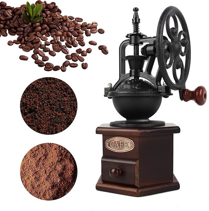 Coffee Grinder, Wooden Manual, Brown, Six Deformation Base | Cast Iron Hand Crank, Antique Coffee Mill, Roller Design, For Mesh Coffee, Decoration & Gift