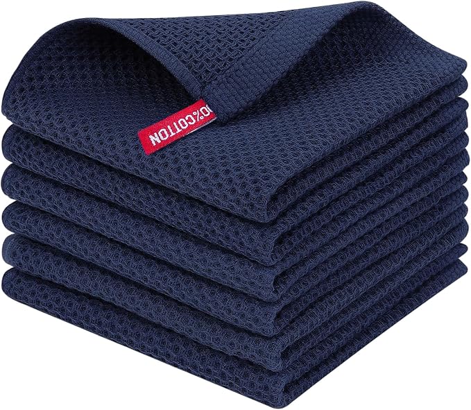 Homaxy 100% Cotton Waffle Weave Kitchen Dish Cloths 6-Pack, Dark Navy | 12 x 12 Inches, Ultra Soft Absorbent Dish Towels, Quick Drying Dish Rags with Hanging Loop
