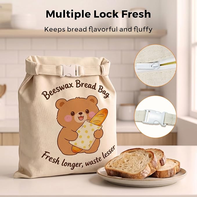 Beeswax Bread Bags for Homemade Bread - 2 Pack- Extra Large 17"×13" Reusable Sourdough Bread Bags for Storage with Zipper Closure, Keep Bread Fresh Naturally, Freezer Safe