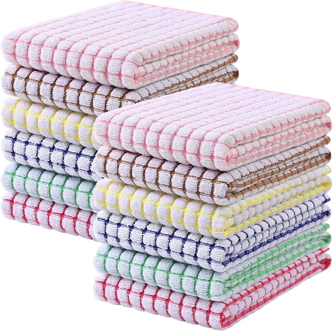 Mordimy Cotton 12 Pack Terry Kitchen Towels, 16 x 25 Inches | Super Soft and Absorbent Dish Towels, Quick Drying Hand Towels for Kitchen Drying, Red/Blue/Yellow/Green/Pink/Brown