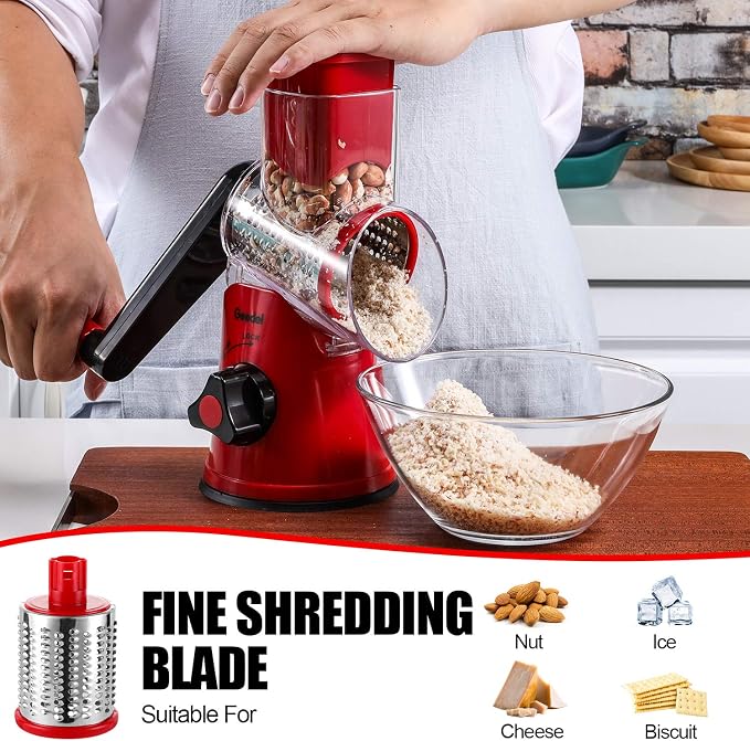 Geedel Rotary Cheese Grater Hand Crank, Cheese Shredder Vegetable Slicer | 3 Blades, 430 Stainless Steel, 12x Fast Cutting, Strong Suction Base, No BPA, Dishwasher Safe, for Cheese, Veggie, Nut