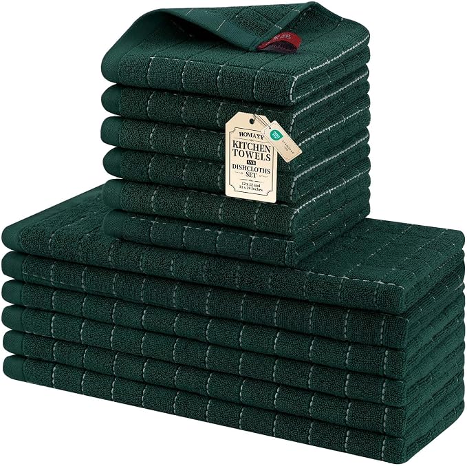 Homaxy Kitchen Towels and Dishcloths Set, Set of 12, Blackish Green | Bulk Cotton Terry Kitchen Towels, Checkered Designed, Soft and Super Absorbent Dish Towels, 12 x 12 and 13 x 28 Inches