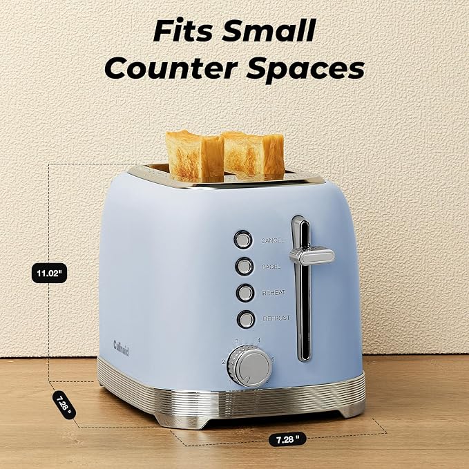 Toaster 2 Slice Retro Stainless Steel, Blue | 1.5” Extra Wide Slots with Bagel, Defrost, Reheat, Cancel Functions, 6 Bread Shade Settings, Removable Crumb Tray