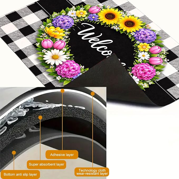 HOMETITUTE Spring Stove Top Covers for Electric Stove 28x20 Inches Welcome Floral Ring Buffalo Plaid Glass Cooktop Protector Pad Decorative Stovetop Cover Dish Drying Mats for Kitchen Decor