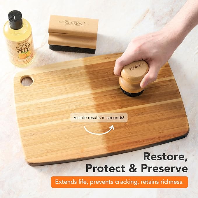 CLARK'S Food Grade Cutting Board Full Care Kit, Orange Lemon Scent - 6 Pack | Includes Food Grade Mineral Oil, Cutting Board Wax & Cleaner, Oil & Wax Applicators, Buffing Pads - Restores & Protects