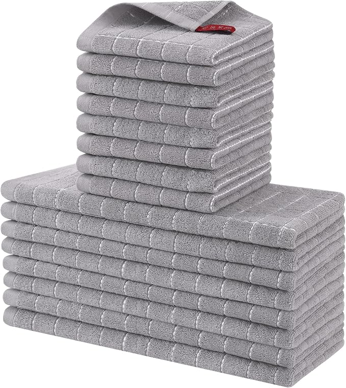 Homaxy Kitchen Towels and Dishcloths Set, Set of 16, Light Grey | Bulk Cotton Terry Kitchen Towels, Checkered Designed, Soft and Super Absorbent Dish Towels, 12 x 12 and 13 x 28 Inches