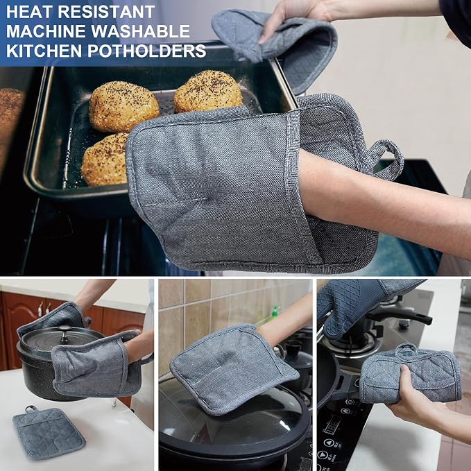 Pot Holders Yarn-Dyed Set of 3 Non Slip Silicone Kitchen Lines | Heat Resistant 500℉ Kitchen Gloves BBQ Cooking Baking Women Men Cooking Barbecue Microwave Machine Washable (Gray Potholders)