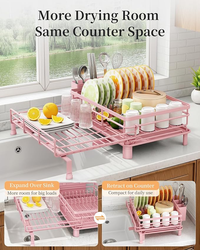 SAYZH Expandable Dish Drying Rack for Kitchen Counter, Metal, Pink | Foldable Over Sink, Large Capacity, Rust-Resistant, Adjustable for Most Sinks, Automatic Drainage, Removable Utensil Holder