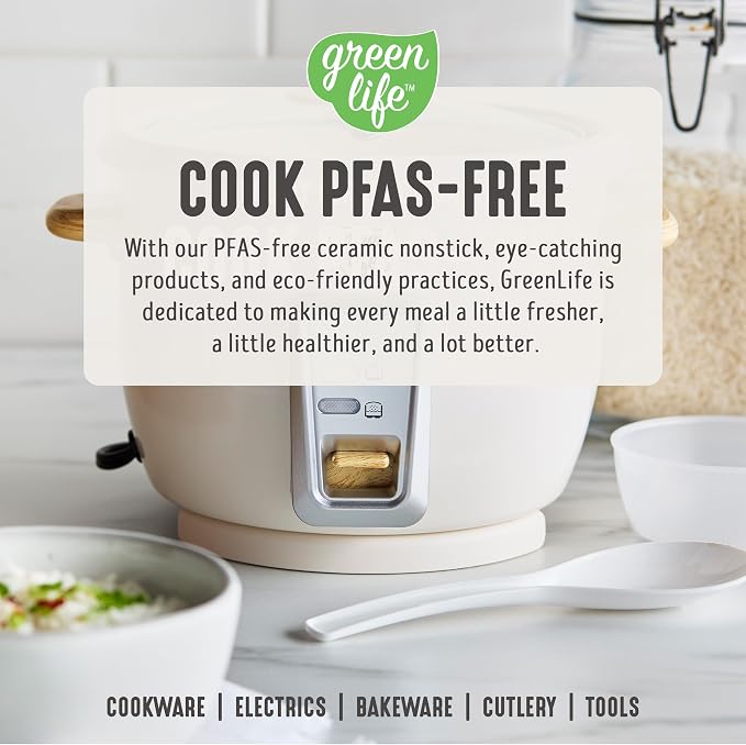 GreenLife Rice Cooker with Removable PFAS-Free Ceramic Nonstick Pot, 3-Cups Uncooked/6-Cups Cooked, Grains & Oatmeal Multicooker, Compact One-Switch Design, Auto Keep Warm, Easy Clean, Cream