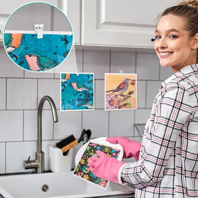 6 Pack Swedish Dishcloths for Kitchen, Absorbent Retro Bird Dish Cloths | Swedish Rags Dish Towels with Adhesive Clips, Reusable Paper Towels No Odor for Countertop Dishes Kitchen