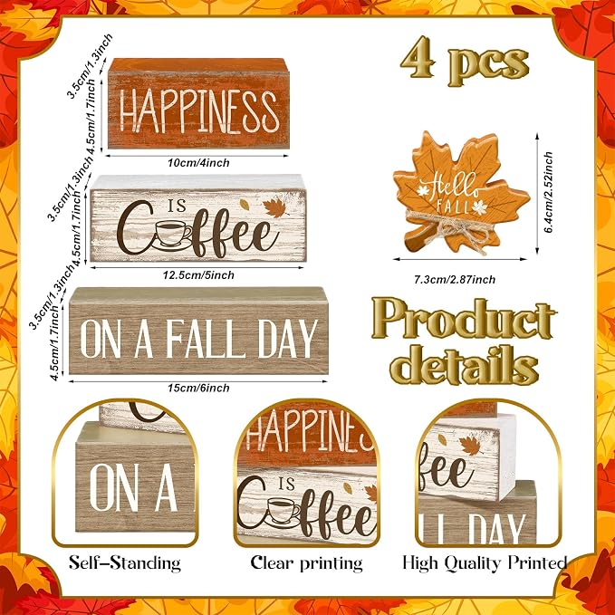 Lineshading 4 Pcs Fall Block Signs, Wooden Farmhouse Tiered Tray Decor | Stackable Rustic Wood Blocks with Maple Leaf Topper, Coffee Happiness Quote, Perfect for Tabletop Mantel Shelf Display