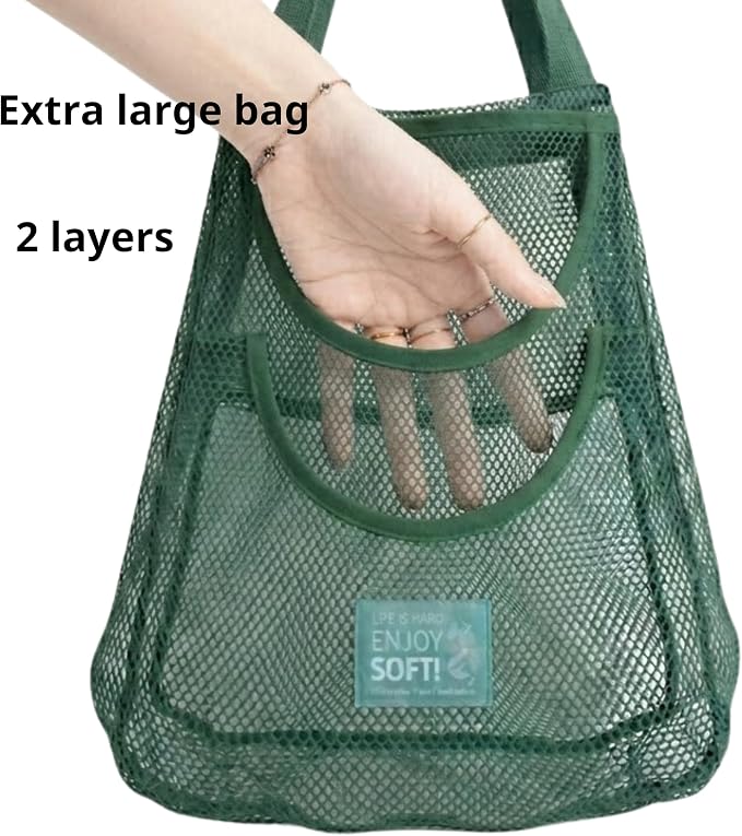 Durable Hanging Mesh Bags for Fruit & Vegetables. Reusable, Breathable Storage for Garlic, Potatoes & Pantry. Eco-Friendly Kitchen Organizer & Decor (1 normal blue bag & 1 extra large blue bag)