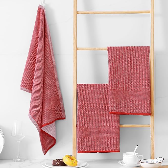 Homaxy 380 GSM Cotton Premium Kitchen Towels 8 Pack, 18"x 28", Red | Flat and Terry Dish Towels, Highly Absorbent Tea Towel Set with Hanging Loop, Soft Utility Kitchen Hand Towels