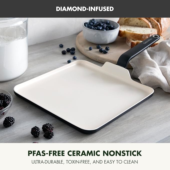 GreenPan Rio Advanced 12" Griddle Pan, Ceramic Nonstick PFAS-Free, Dishwasher and Oven Safe, Black