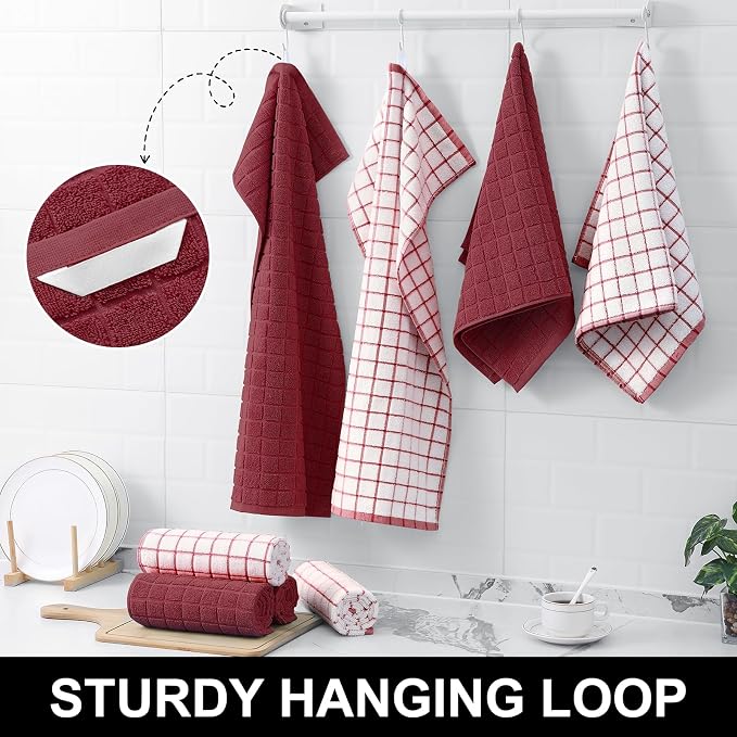 Homaxy Large Premium Cotton Kitchen Towels 16"x 28", 12 Pack, Red | Natural Ring Spun 390 GSM Dish Towels, Super Absorbent Terry Kitchen Hand Towels, Soft Tea Towels with Hanging Loop