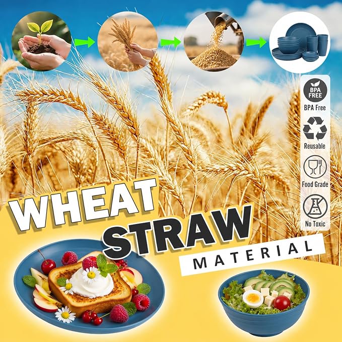 16 PCS Wheat Straw Plates and Bowls Sets,Kids Dishes Dinnerware Sets for 4,Unbreakable Kitchen Plates and Bowls Set for Travel Dishwasher & Microwave Safe Lightweight Dishes Set - DeepBlue