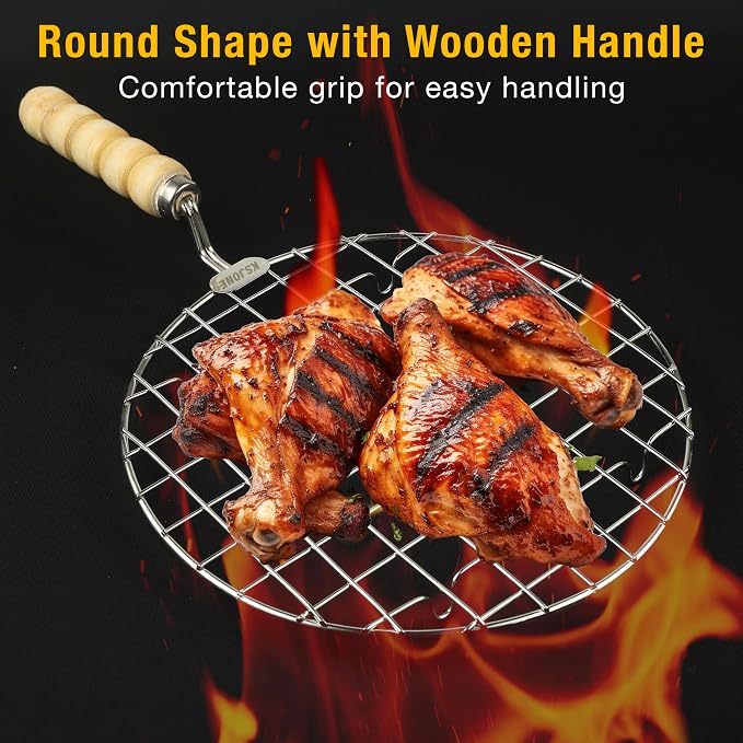 KSJONE Stainless Steel Multi-Functional Wire Steaming Cooling and Baking Barbecue Rack Round Wire Roaster Rack/Papad Jali/Roti Grill Round Shape with Wooden Handle