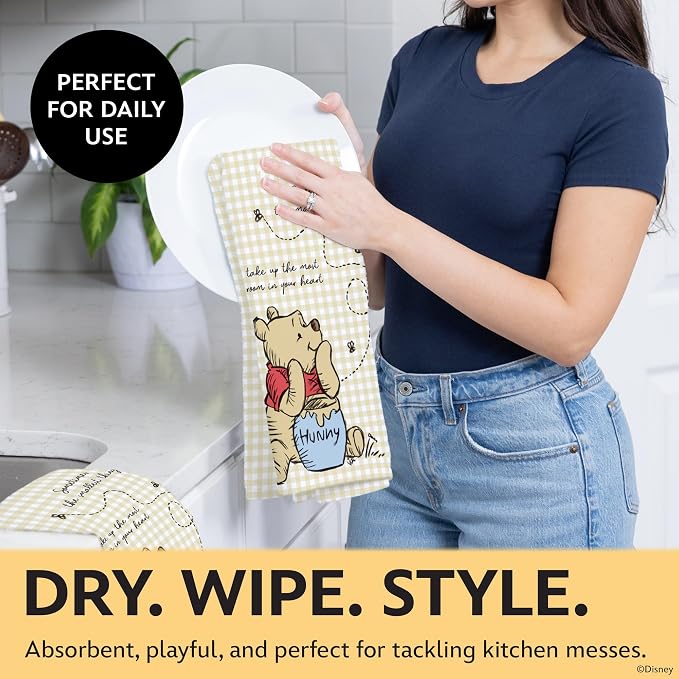 Disney Winnie the Pooh Cotton Kitchen Towels & Mini Oven Mitts, 4-Piece Set | Absorbent, dries dishes fast, machine washable, mitt grip resists heat to 350F and is hand wash only, great for gifting
