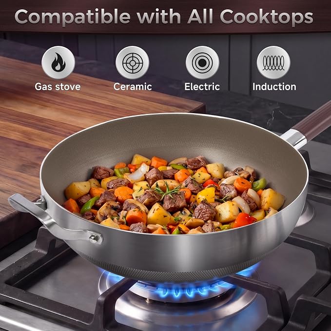 Titanium Wok Pan, 14 Inch Wok with Lid, Non Stick Stainless Steel Woks & Stir-fry pans, PFOA/PFAS/PTFE Free, Dishwasher Safe, Home Use For All Stoves,14Inch