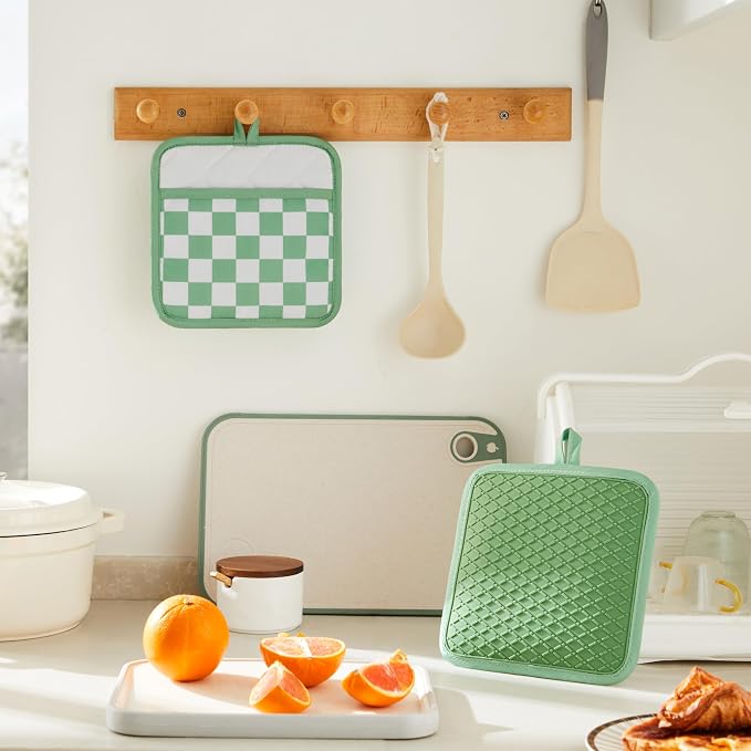 Ohocut Sage Green Checkered Pot Holder, Checkerboard Potholders for Kitchen, Silicone Pot Holders with Pocket for Kitchen Clearance 2 Pack Set, Hot Pads and Oven Mitts for Cooking Baking