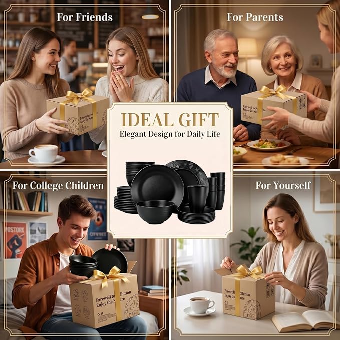 PYRMONT 40 PCS Plates and Bowls Set Wheat Straw Plate Bowl Set Unbreakable Dishes Set for 8 Dishwasher & Microwave Safe Dinner Sets for Kitchen,New House,Dorm-Black