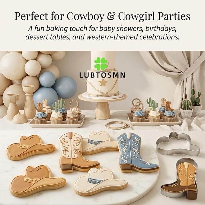 LUBTOSMN 2 Pcs Cowboy Cowgirl Cookie Cutter Set, 3.5" Dishwasher-Safe | Rounded-edge stainless steel cutters for cookies, fondant, sandwiches, cowboy and cowgirl parties, baby showers
