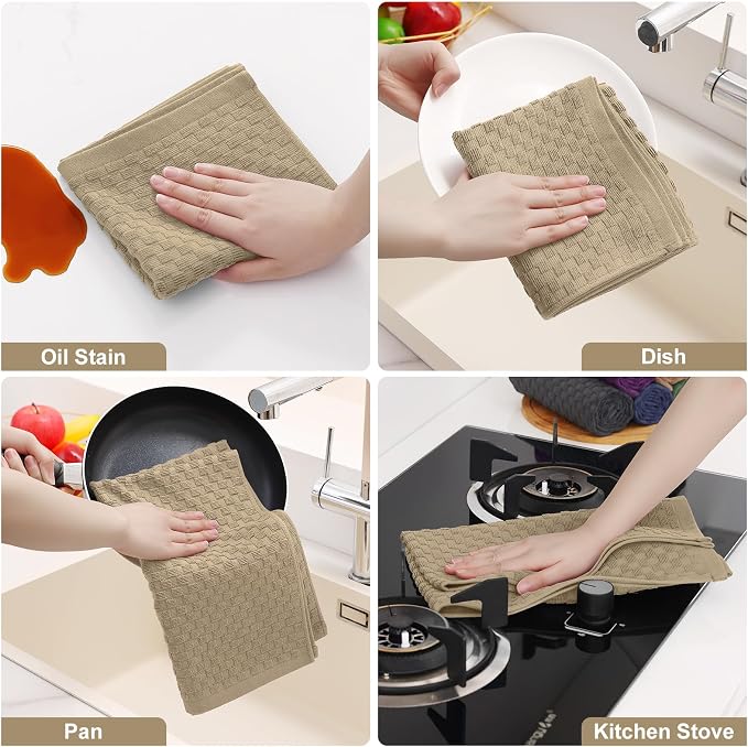 Homaxy 100% Cotton Terry Kitchen Towels(15" x 25", 8 Pack), Tan | Soft and Super Absorbent Dish Towels, 380 GSM Reusable Tea Towel with Hanging Loop, Pineapple Grid Designed