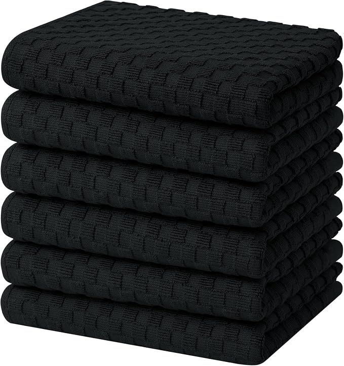Homaxy 100% Cotton Terry Kitchen Towels(15" x 25", 6 Pack), Black | Soft and Super Absorbent Dish Towels, 380 GSM Reusable Tea Towel with Hanging Loop, Pineapple Grid Designed