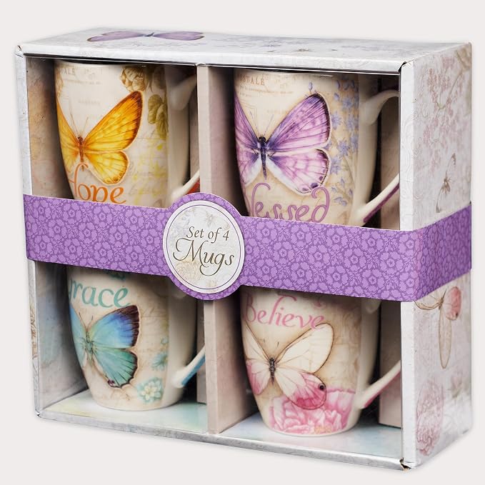 Christian Art Gifts Ceramic Mug Set-Butterflies (Set Of 4)