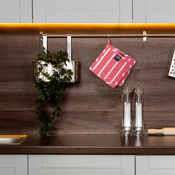 Encasa XO Pot Holders, Quilted Kitchen Hot Pads 8"x8" Roma Red Stripes | 100% Eco-Friendly Cotton | Thick Cotton Padding Insulation | Convenient Hanging Loop | Set of 2