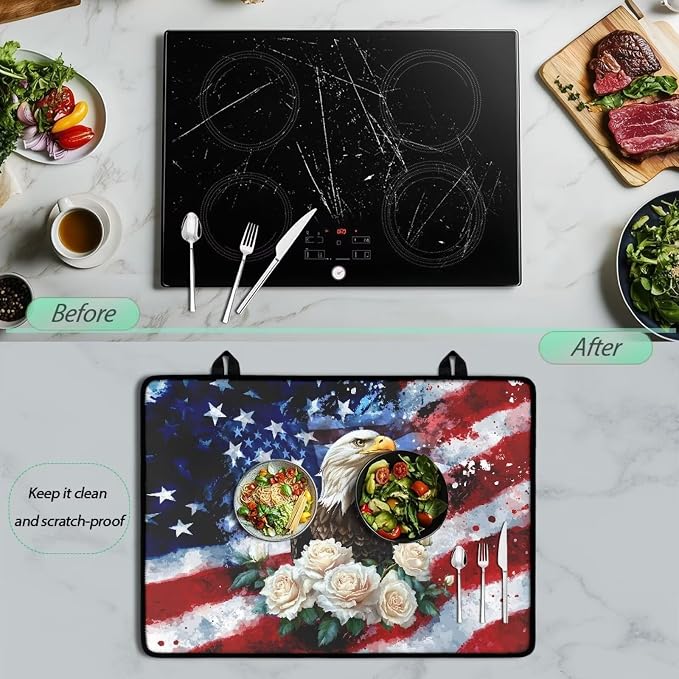 4th of July Gas Burners Top Covers, American Flag Eagle, Soft Extra Large Stove Top Cover for Electric Non-Slip Rubber Base Surface Heart Resistant Oven Cover Mat 30x21 Inch