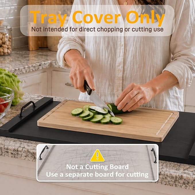 Noodle Board Stove Cover with Handles, 29.5 x 22 Inch, Black | Engineered Wood Cover for Electric and Gas Stove Tops, Raised Edge Serving Tray for Extra Counter Space